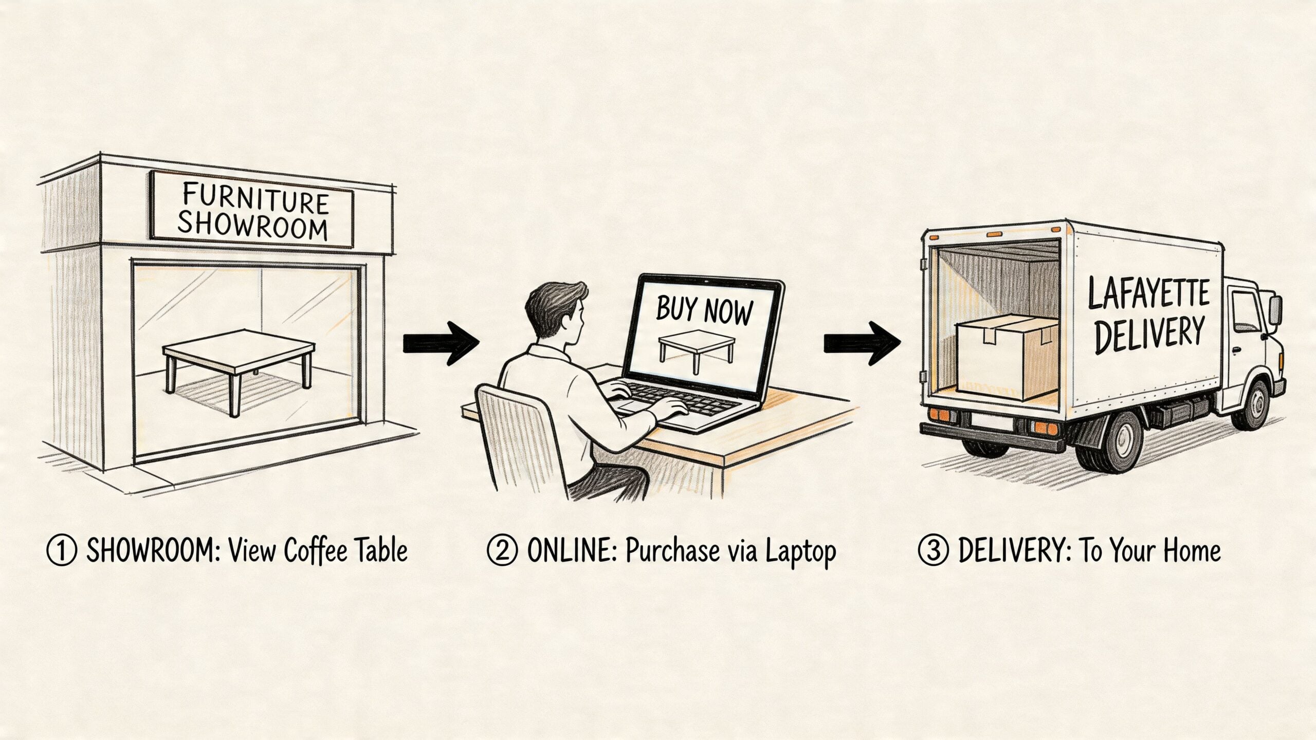A diagram illustrating a furniture purchase process from showroom viewing to online order and final home delivery.