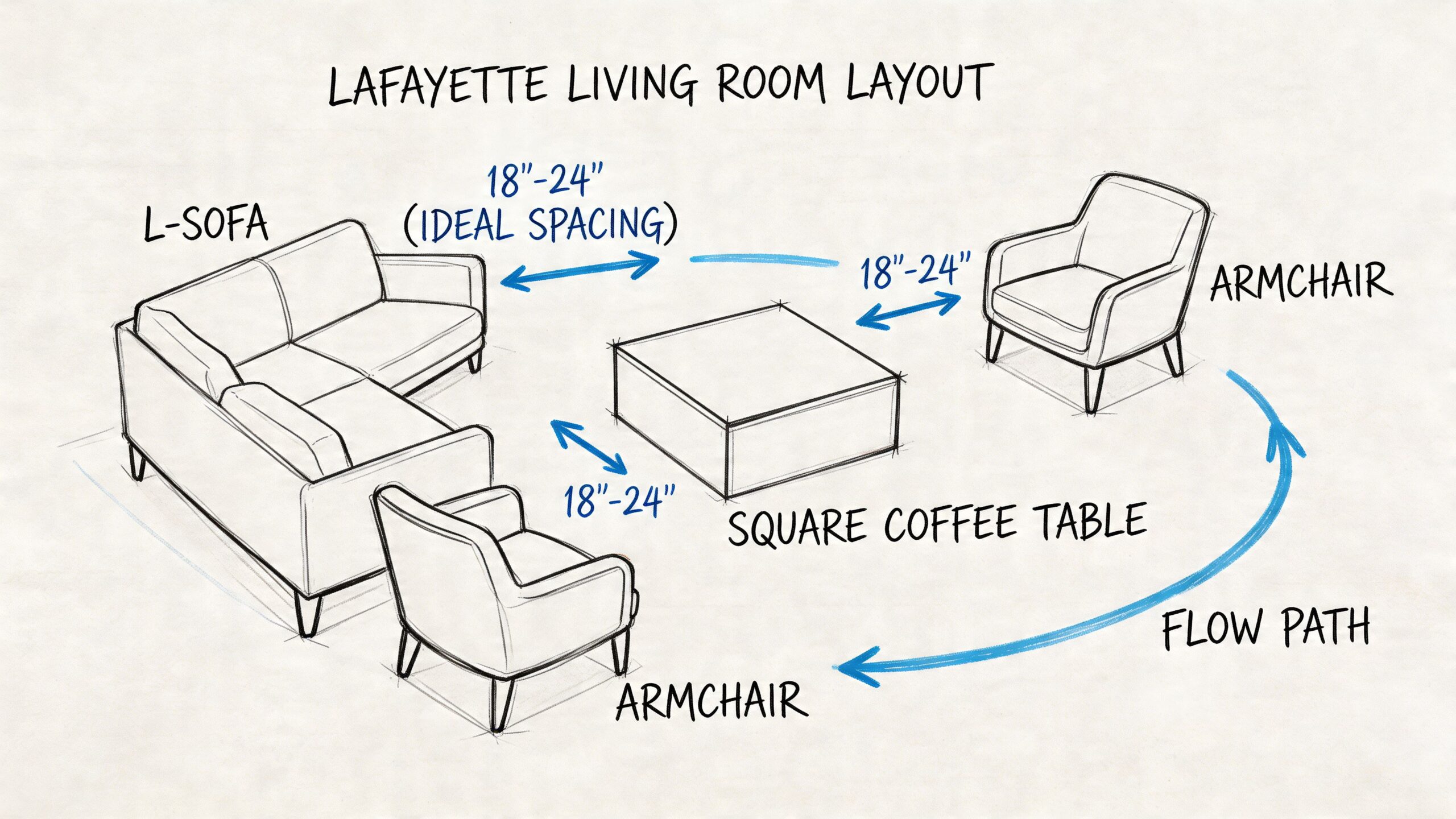 A diagram illustrating ideal furniture spacing for a contemporary living room layout with an L-sofa, coffee table, and armchairs.