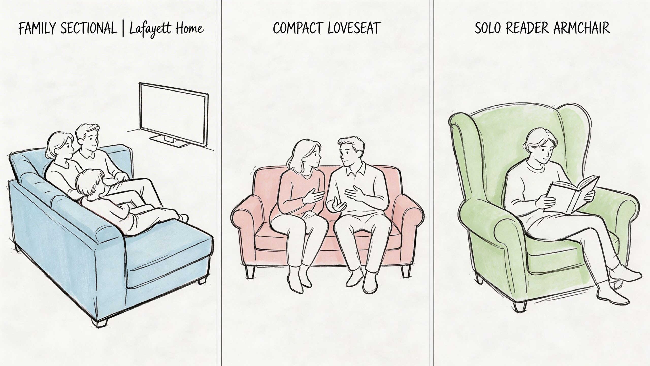 A conceptual illustration comparing a large blue sectional couch, a pink compact loveseat, and a green armchair.