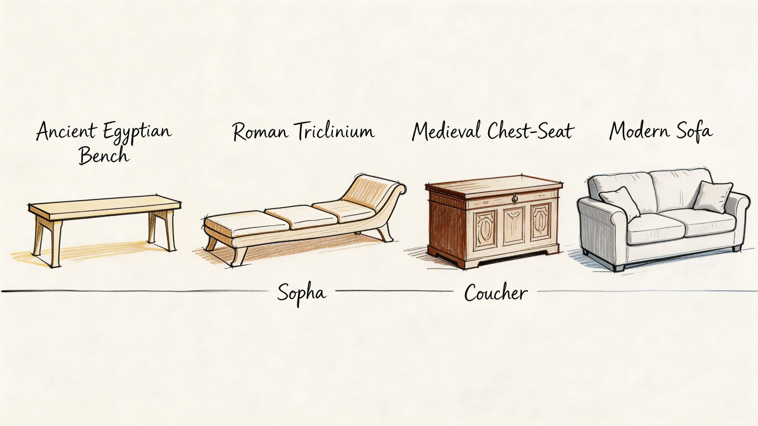 A line drawing illustration showcasing the evolution of seating from ancient benches to a modern sofa.
