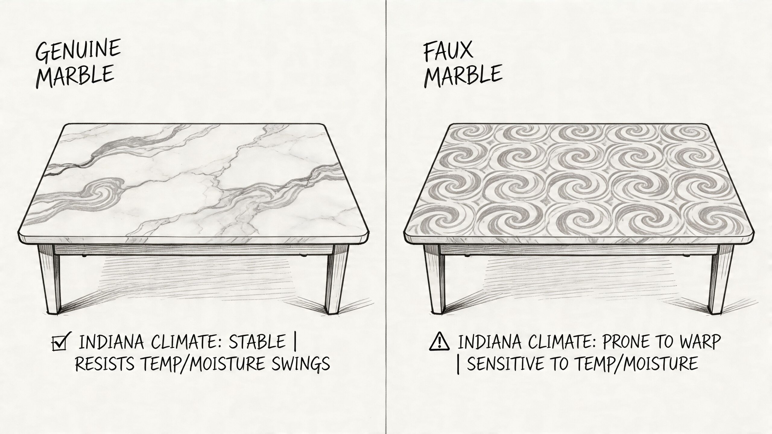 A split image comparison showing the differences in durability between genuine marble and faux marble tabletops.