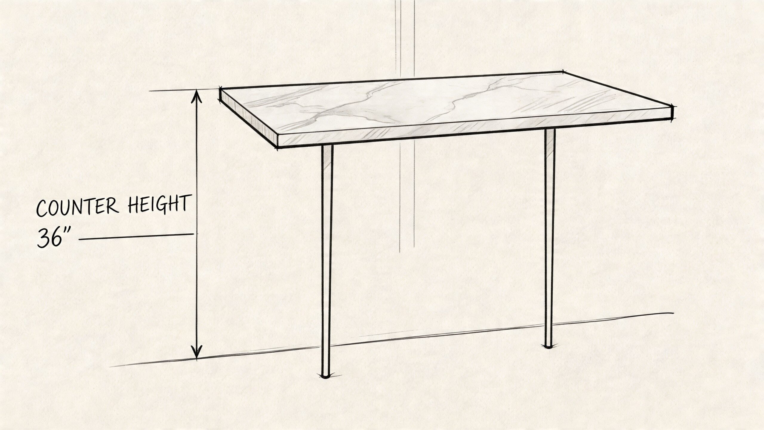 A hand-drawn sketch of a rectangular marble countertop table with slender legs, labeled counter height 36 inches.