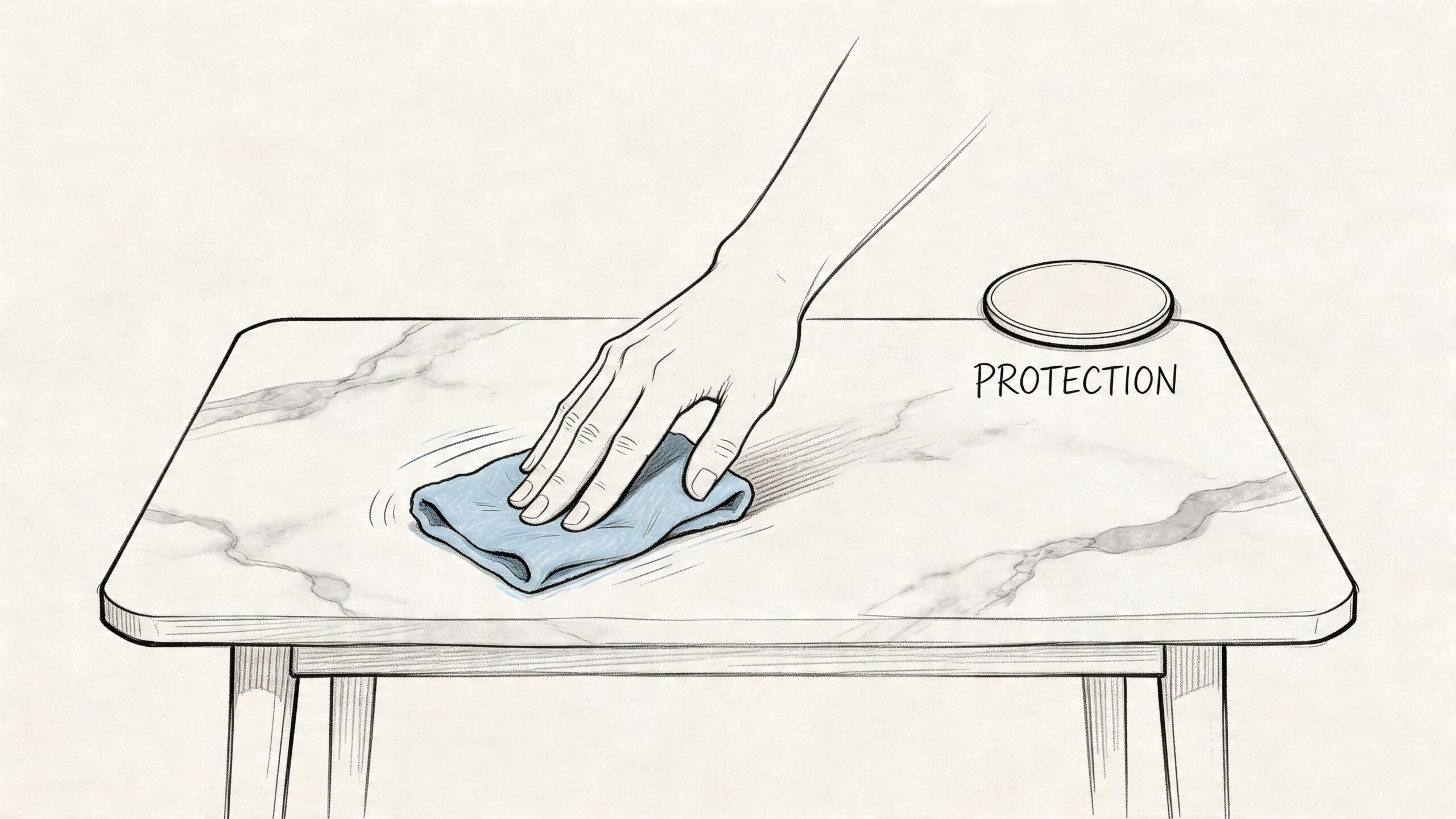 A hand wiping down a sleek marble table surface with a soft blue cloth for cleaning.