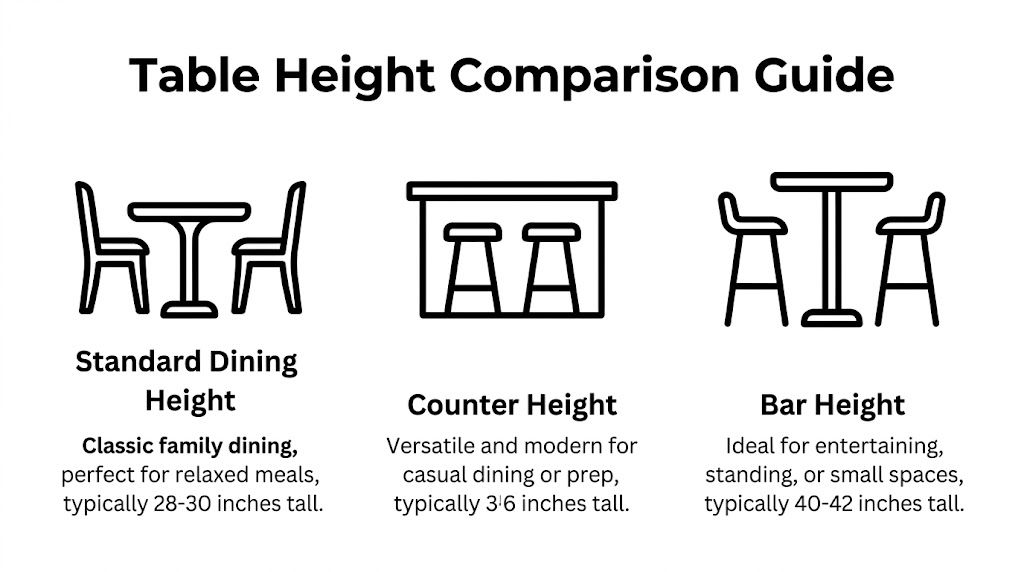 A comparison guide for furniture heights including standard dining, counter, and bar tables with measurement ranges.