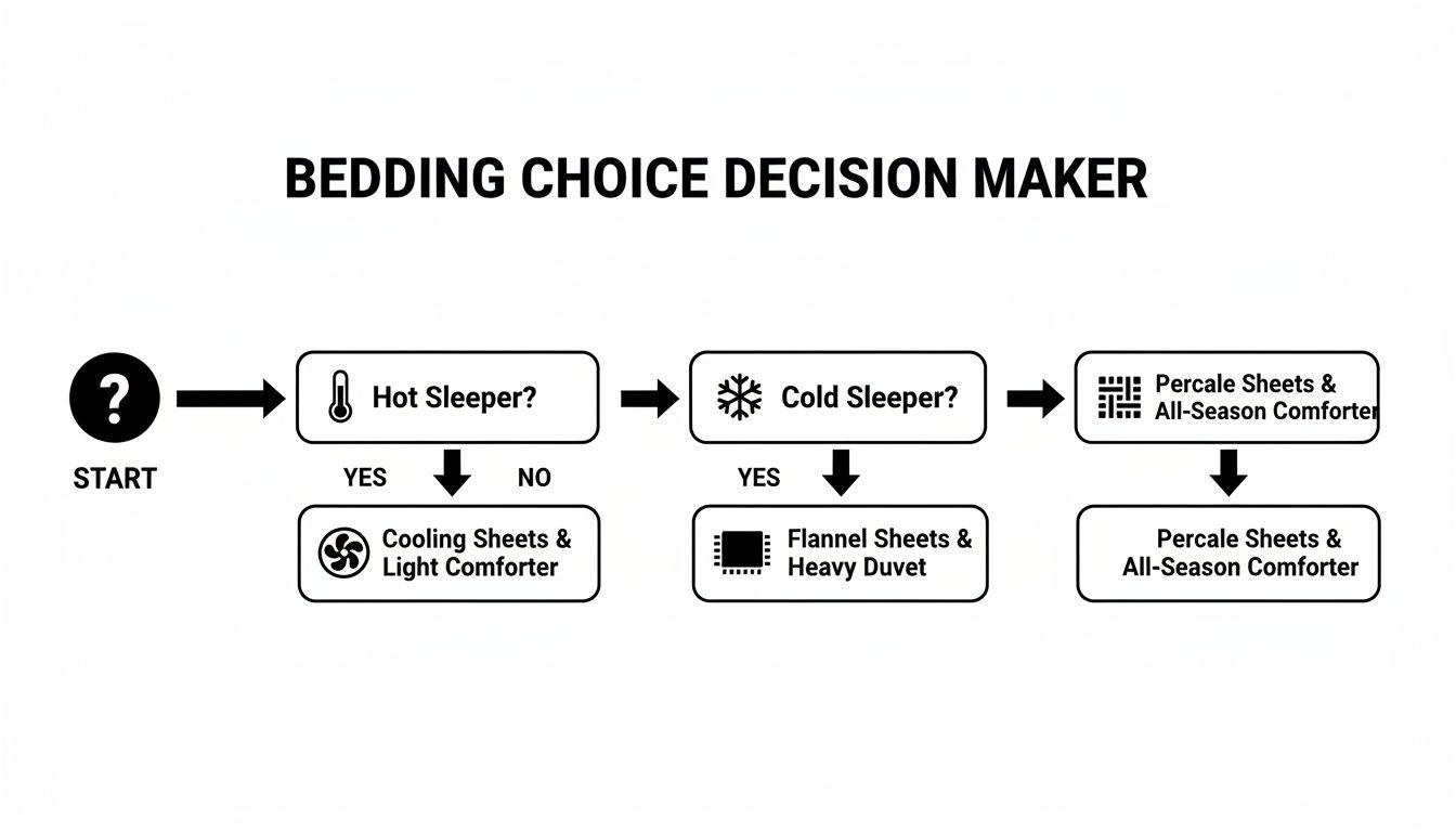 Flowchart for choosing bedding: hot sleepers get cooling sheets, cold sleepers get flannel, others get percale.