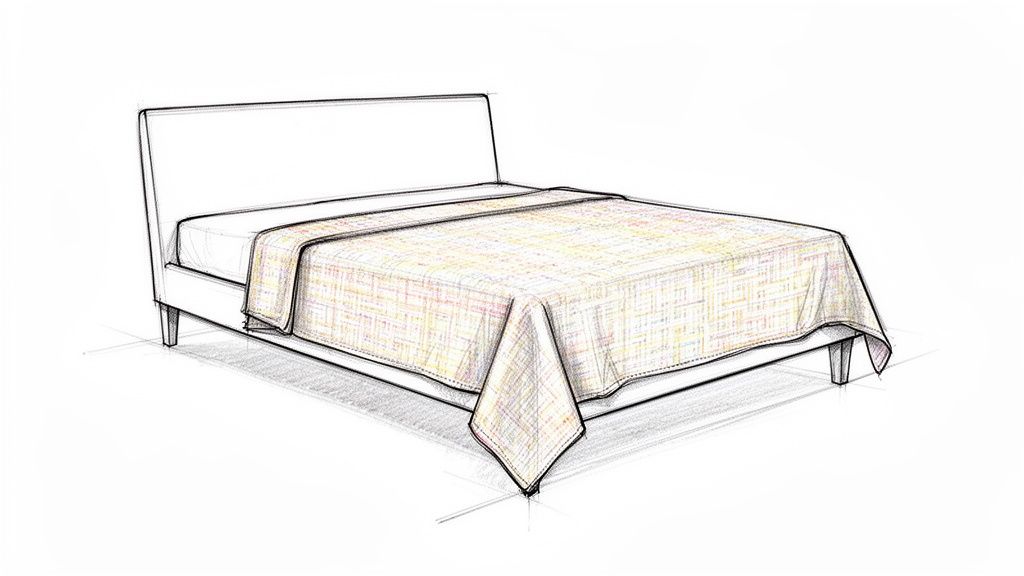 A hand-drawn sketch of a bed with a white headboard and a colorful, patterned coverlet.
