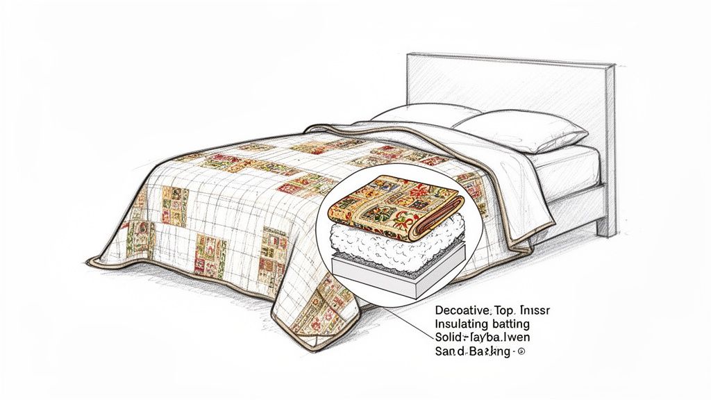 A detailed illustration of a quilt on a bed, showing its decorative top, insulating batting, and solid backing layers.