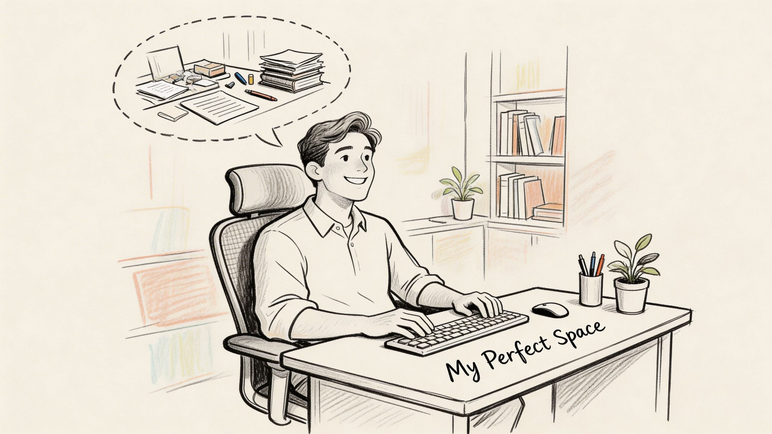 A man smiling at a desk, imagining a creative workspace with books and papers in a thought bubble.