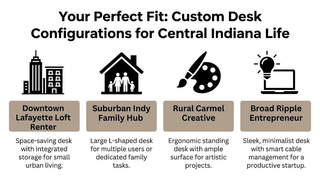 An infographic showing four custom desk configurations tailored for different lifestyles in Central Indiana.