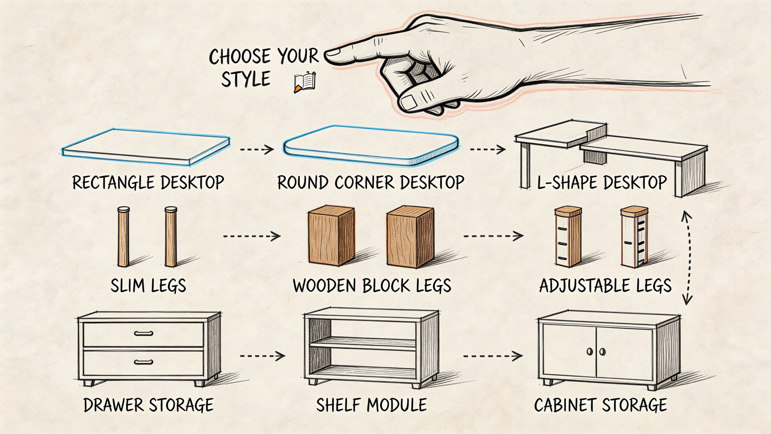 A hand-drawn illustration showing options for customizing a computer desk with different desktops, legs, and storage modules.
