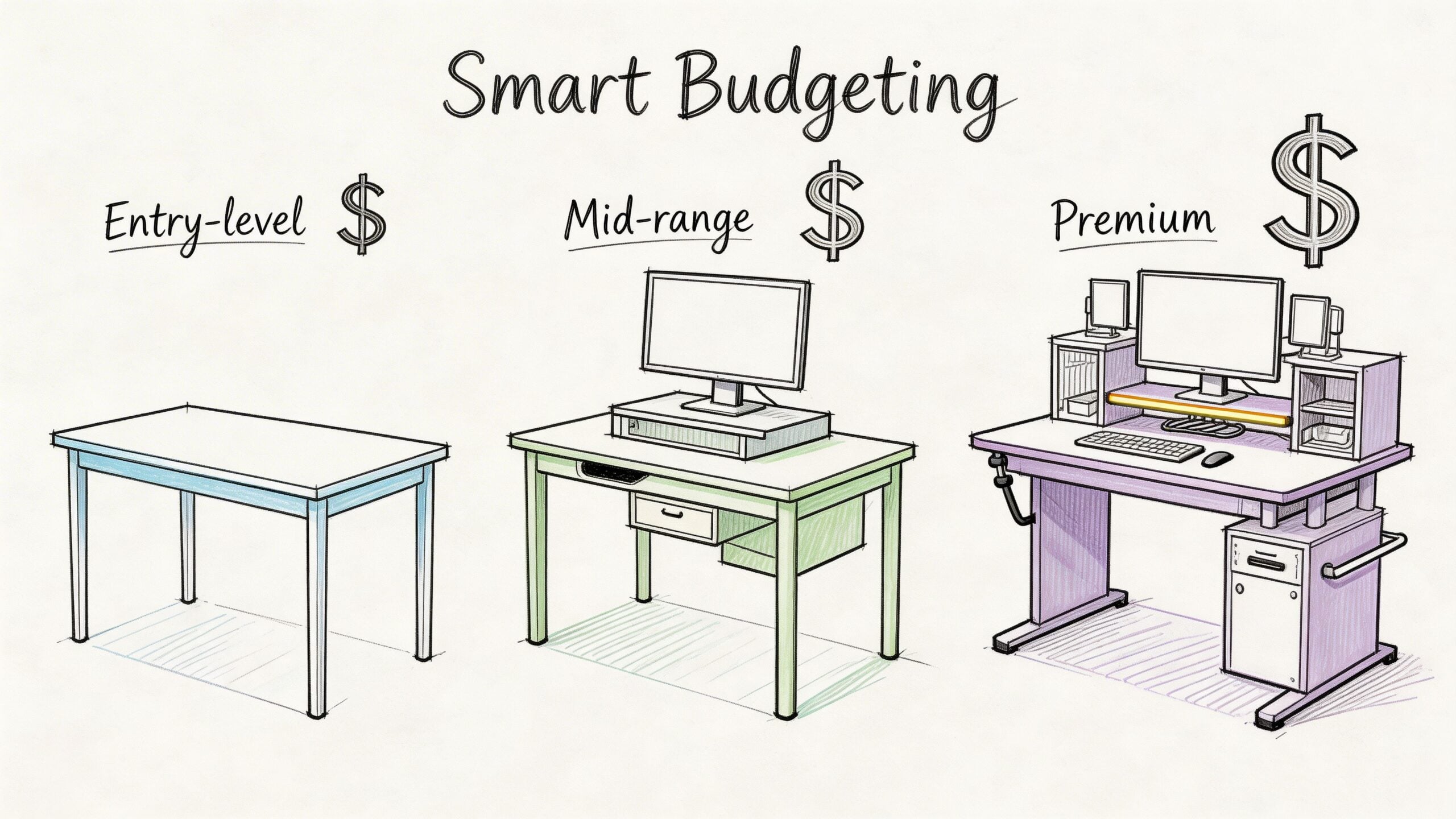 A hand-drawn illustration showing three tiers of customizable computer desk setups: entry-level, mid-range, and premium options.
