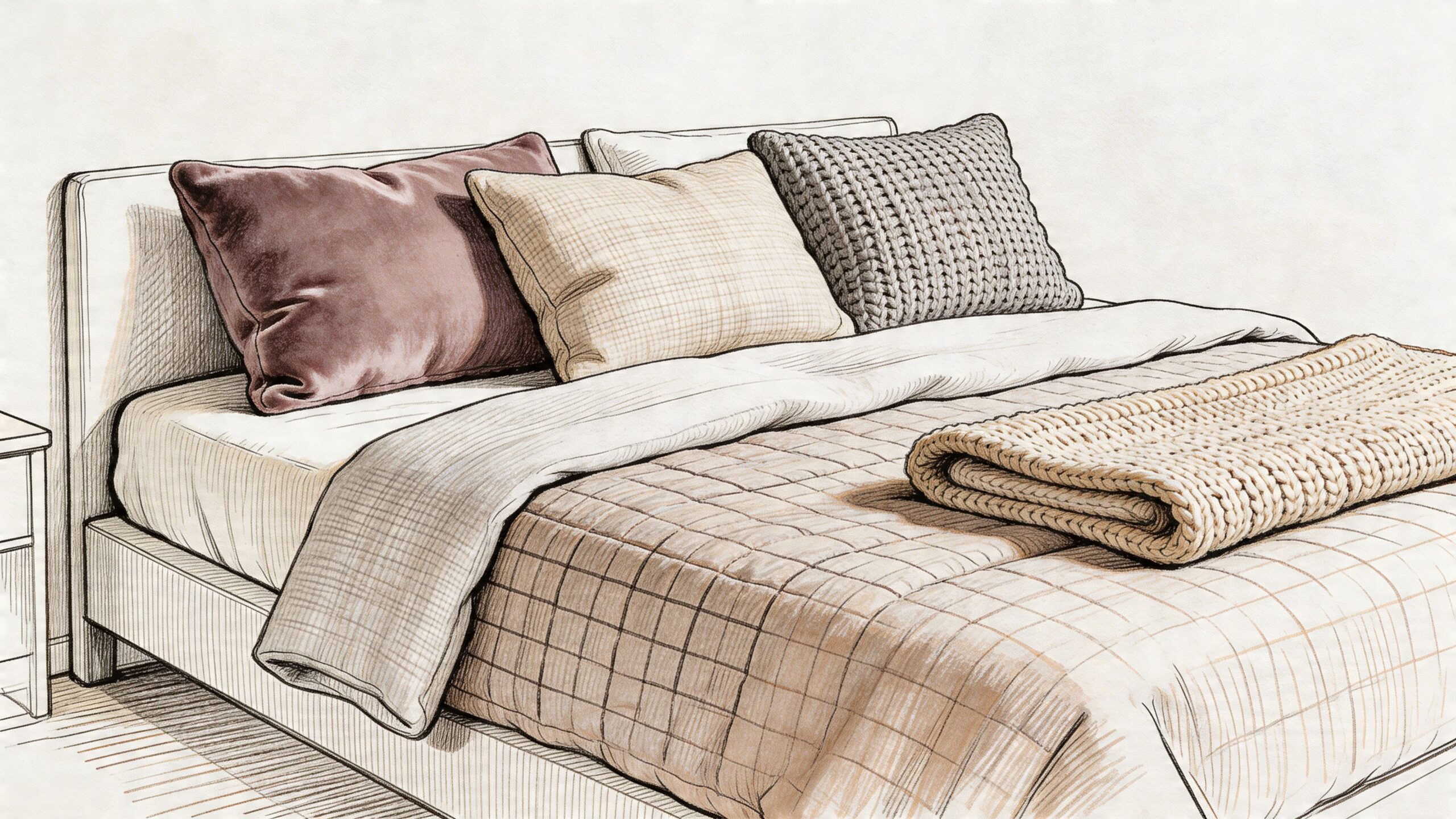 A cozy bedroom scene featuring a neatly made bed with layered pillows and a warm knit throw blanket.