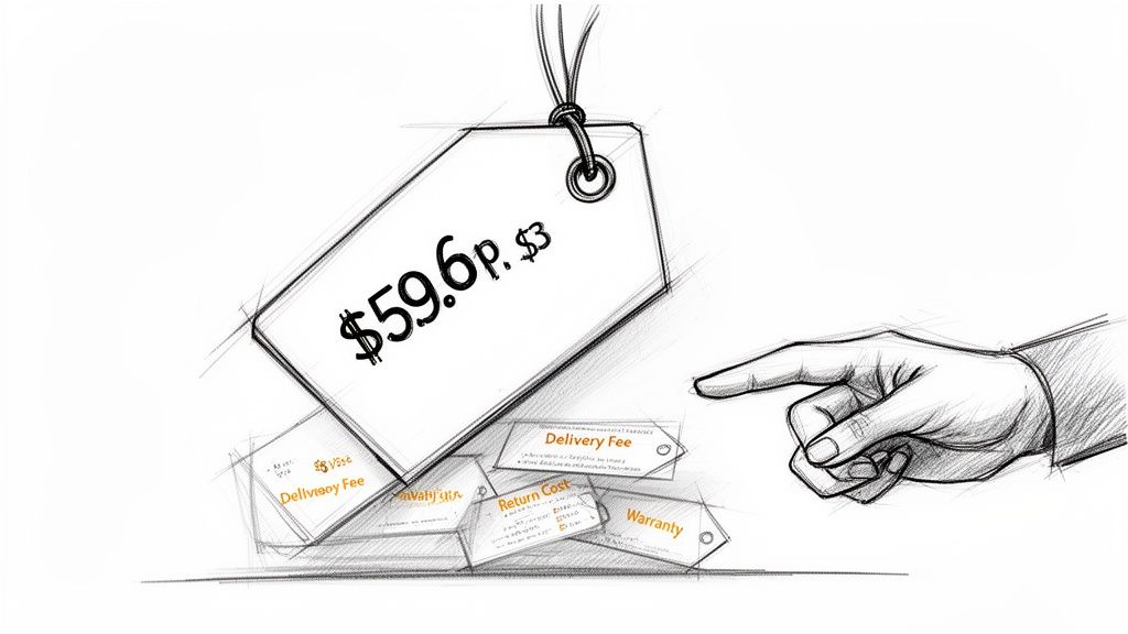 A hand points at a price tag surrounded by smaller tags showing various hidden service fees.