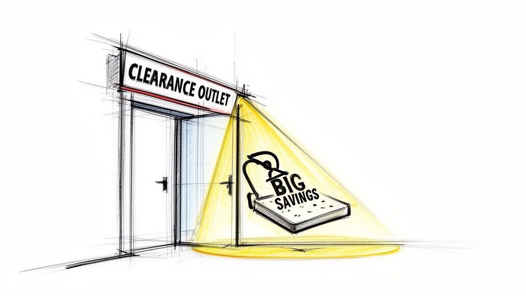 A pencil sketch of a mattress store entrance with a spotlight highlighting big savings on mattresses.