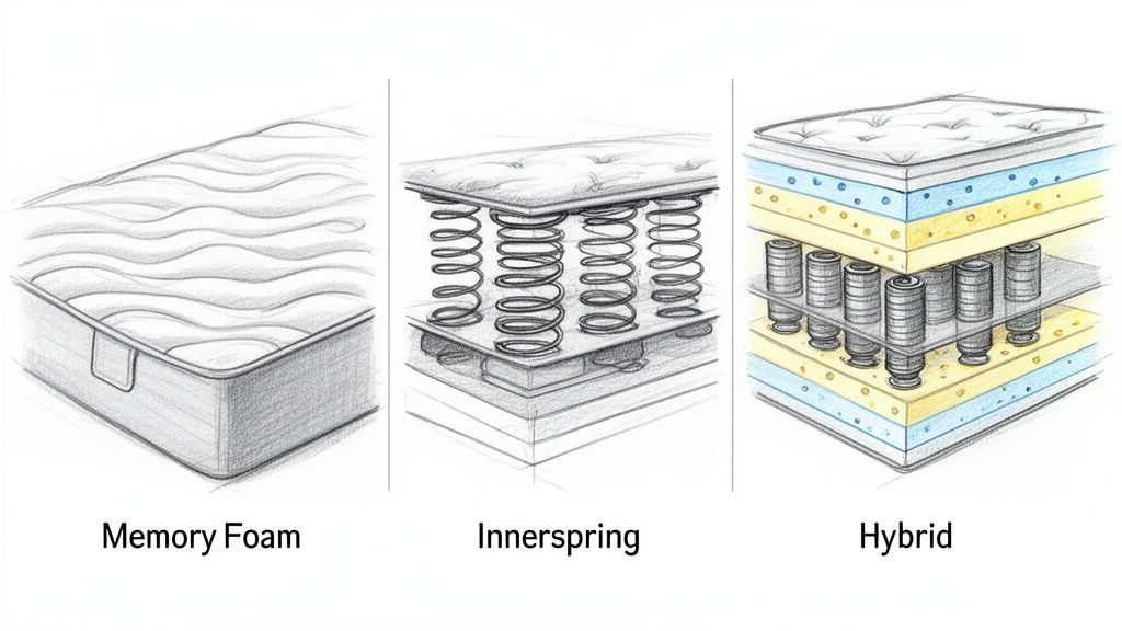 A diagram comparing the interior construction of memory foam, innerspring, and hybrid mattress types.