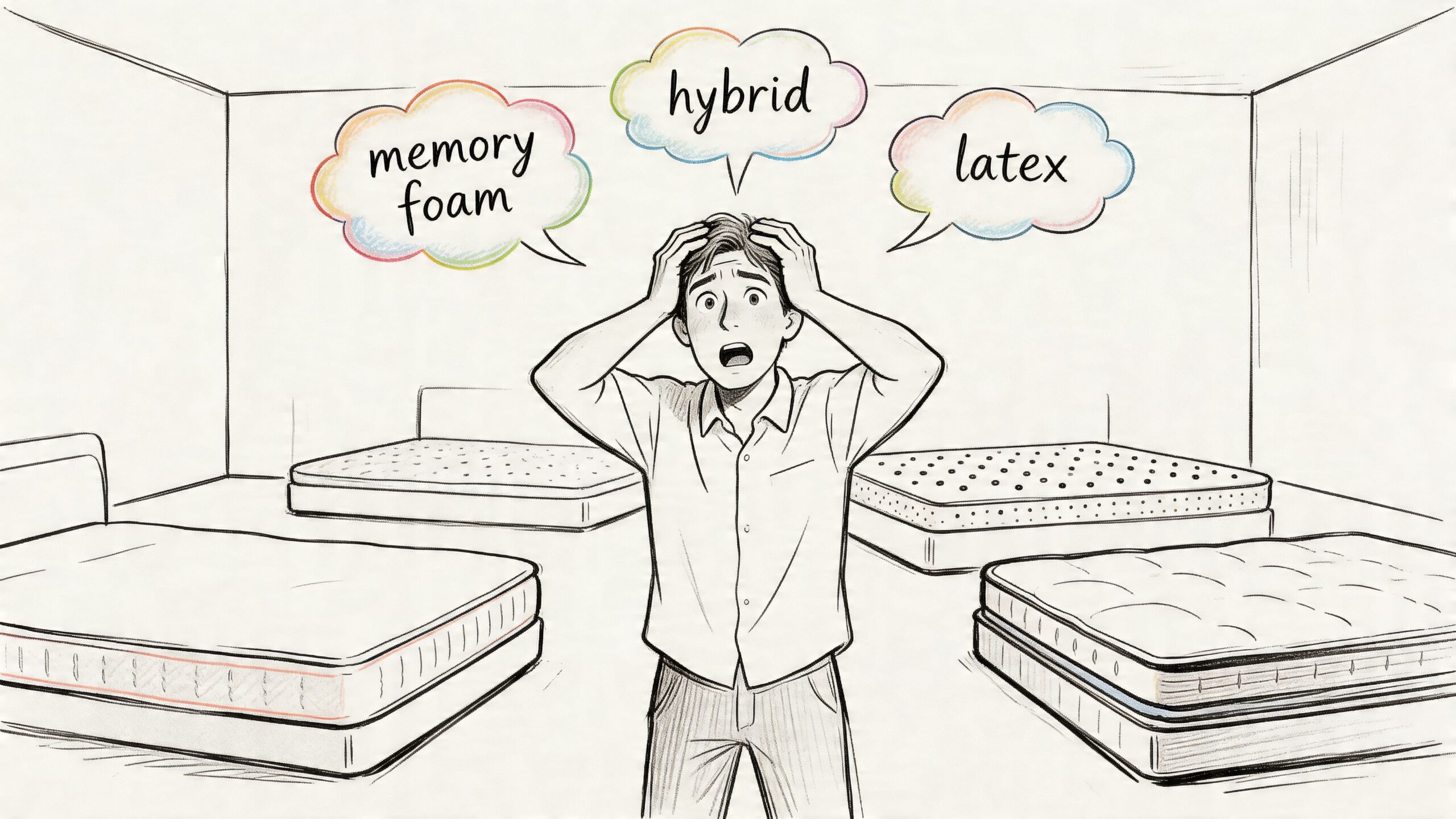A stressed man standing in a mattress store surrounded by memory foam, hybrid, and latex mattress options.