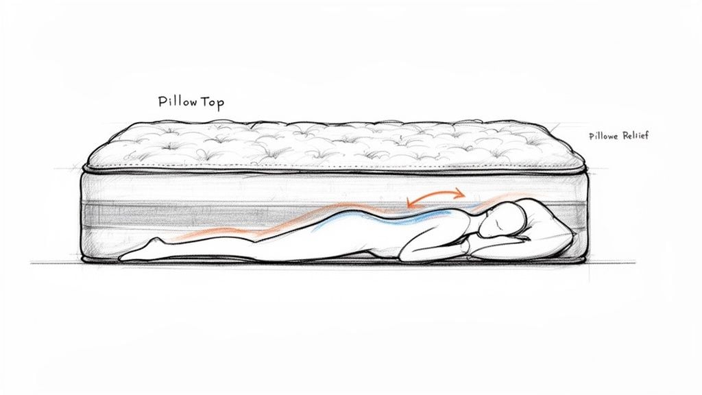 An illustration of a pillow top mattress supporting a side sleeper, demonstrating spinal alignment and pressure relief.