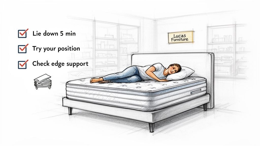 Illustration of a woman side-sleeping on a mattress, with tips for trying it out, including checking edge support.