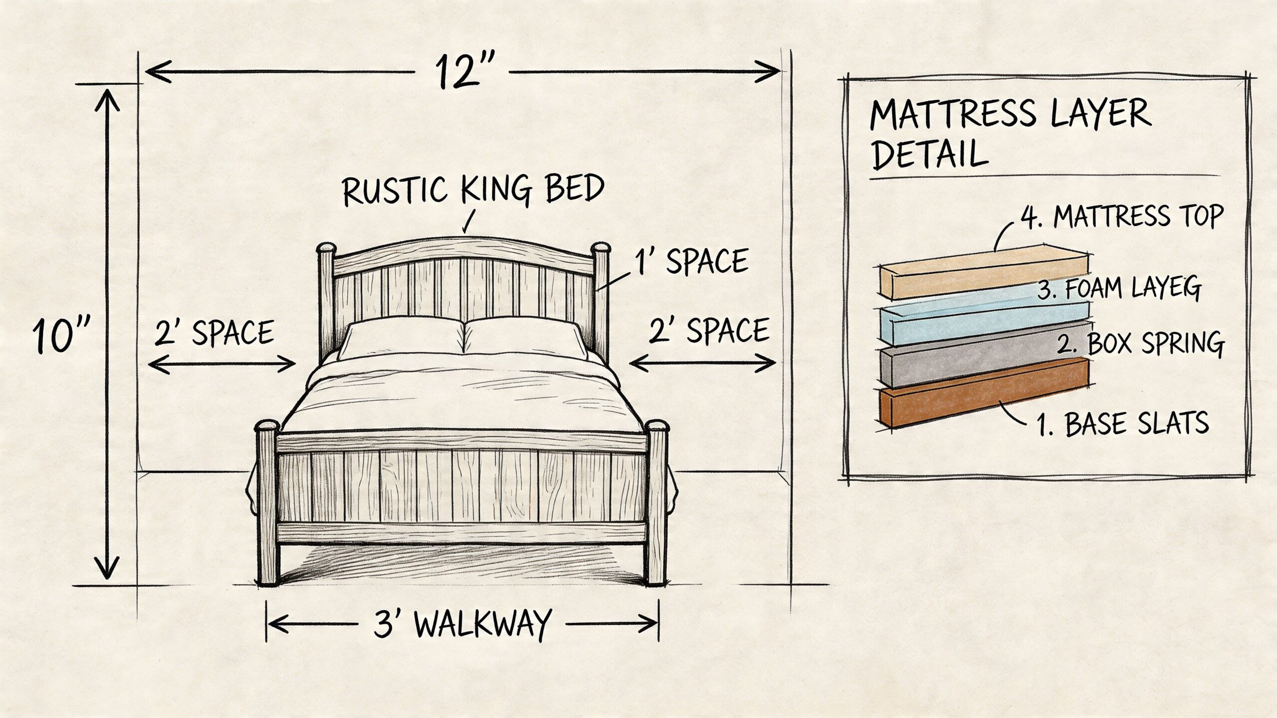 A diagram illustrating the dimensions and layout of a rustic king bed with mattress layer details.