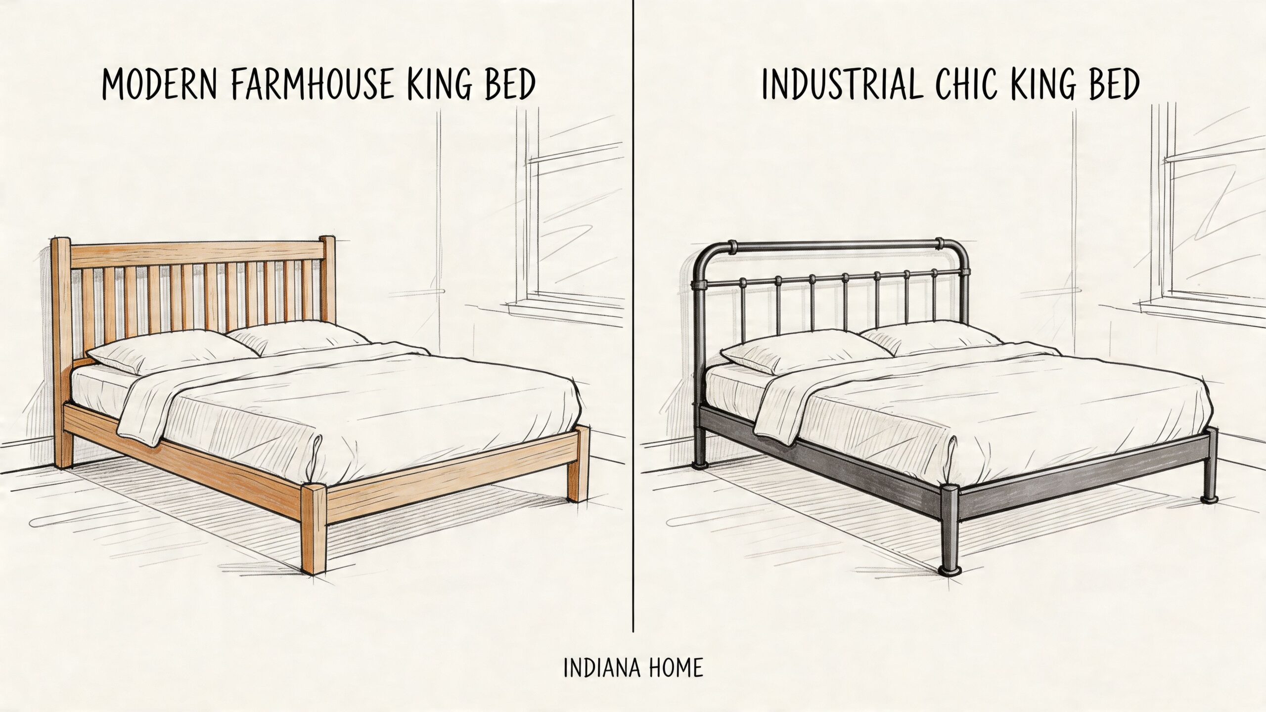 A split image comparison showing a wooden modern farmhouse king bed and an industrial chic metal bed.