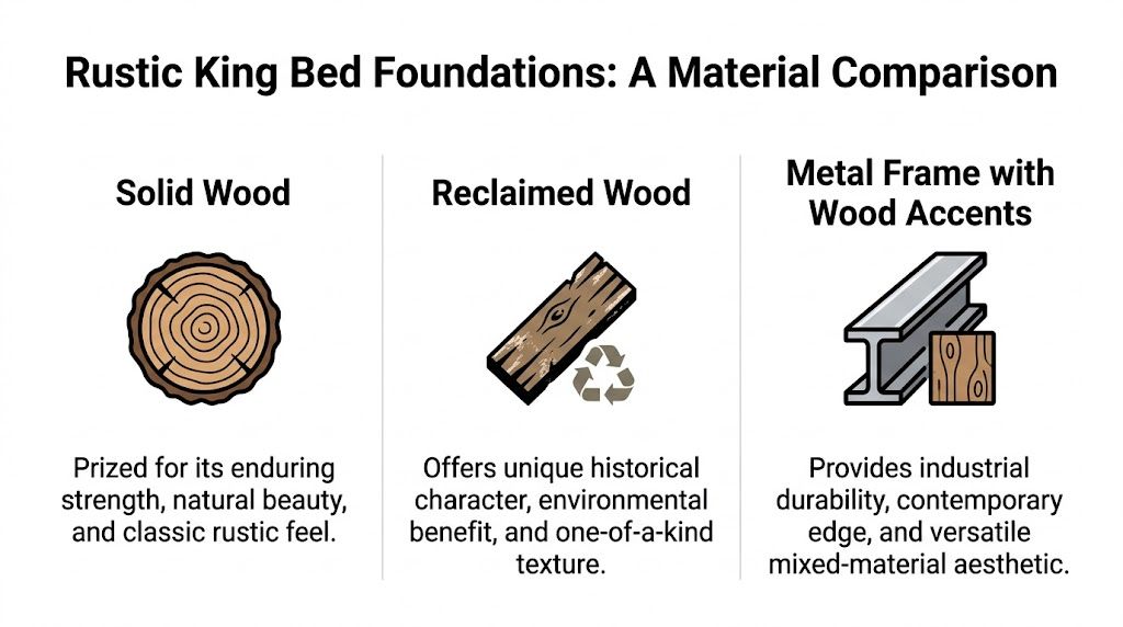 A comparison chart showing three types of material foundations for rustic king beds including solid, reclaimed, and metal.