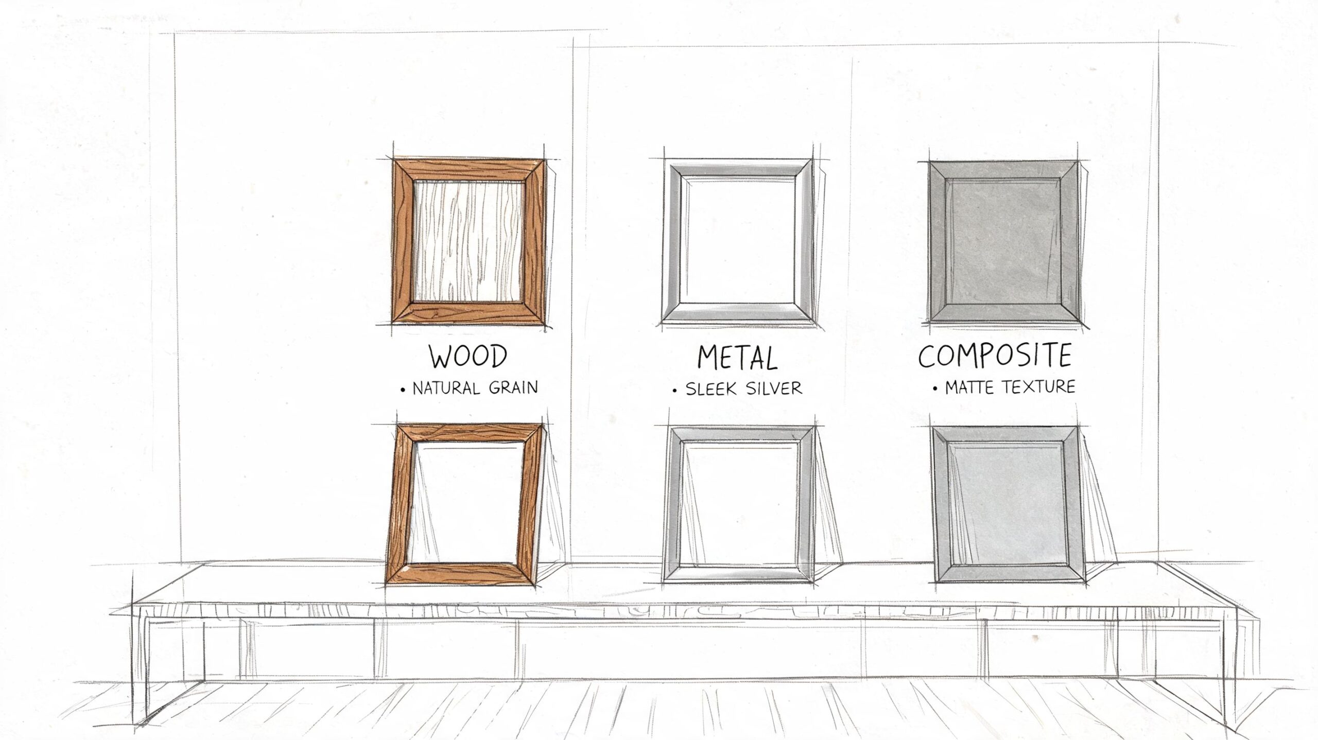 A pencil sketch of three different types of picture frames labeled wood, metal, and composite on a table.