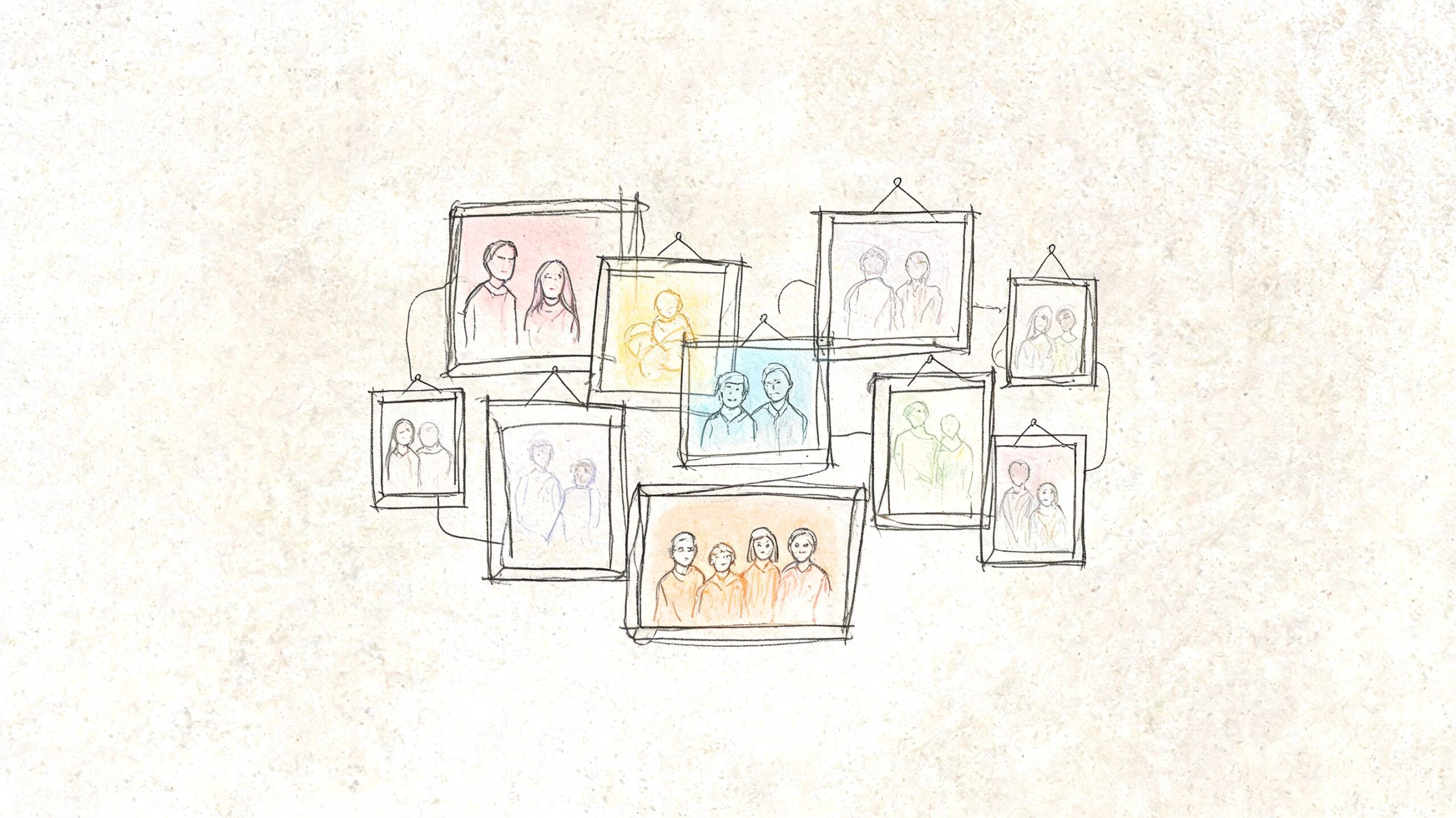 A whimsical, sketchy drawing of various sized photo frames connected by thin lines on a textured background.
