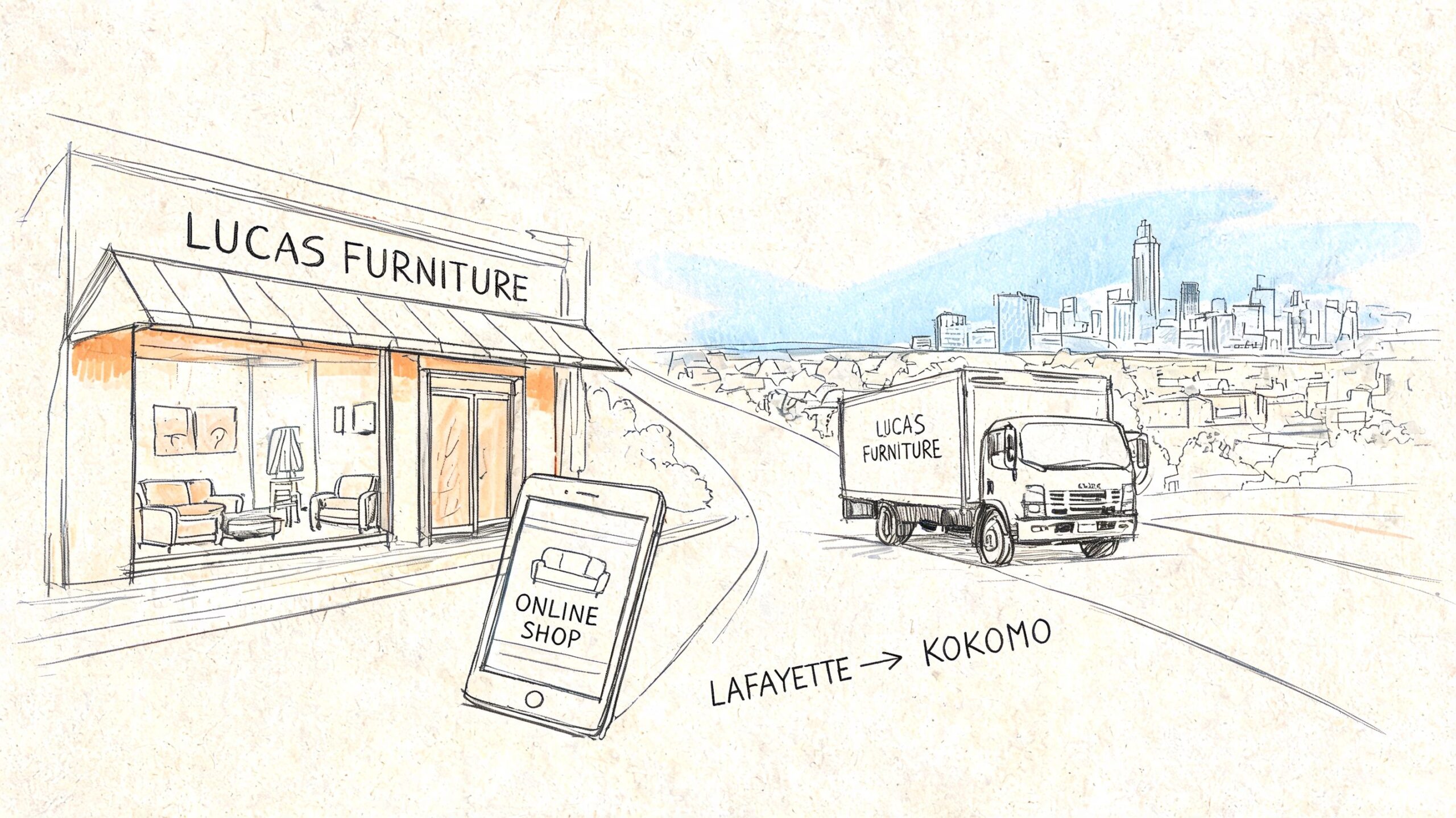 A digital sketch showing Lucas Furniture retail store, an online app, and a delivery truck traveling.