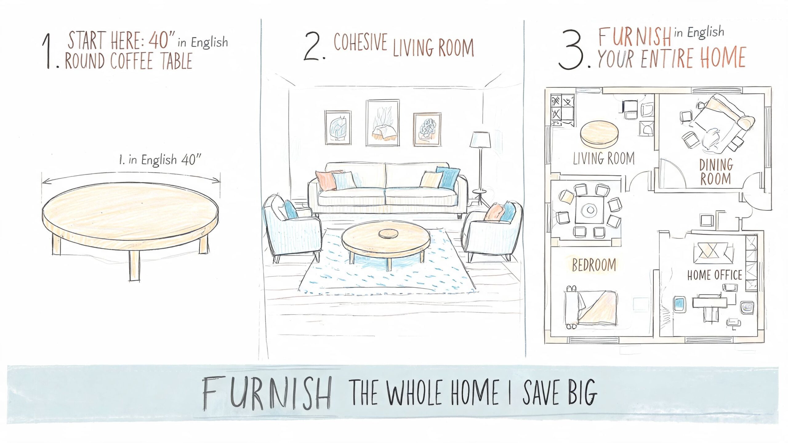 An infographic showing the steps to design a home, starting with a 40-inch round coffee table.
