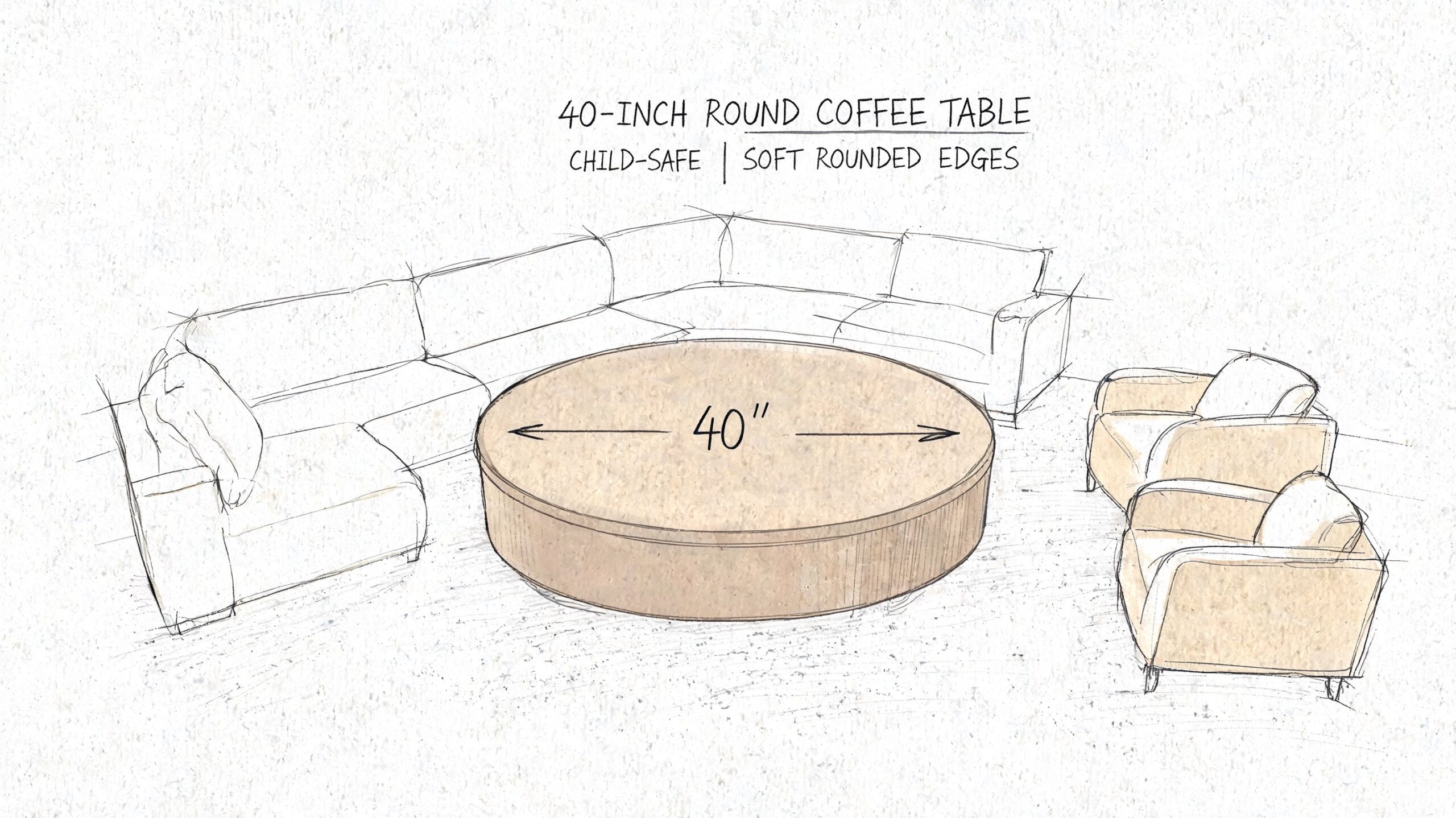 A hand-drawn sketch of a 40-inch round child-safe coffee table centered in a living room furniture set.