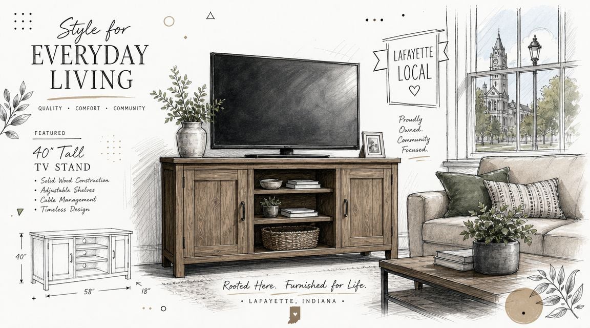 A detailed sketch of a 40-inch tall wooden TV stand featuring storage doors and shelves in a living room.