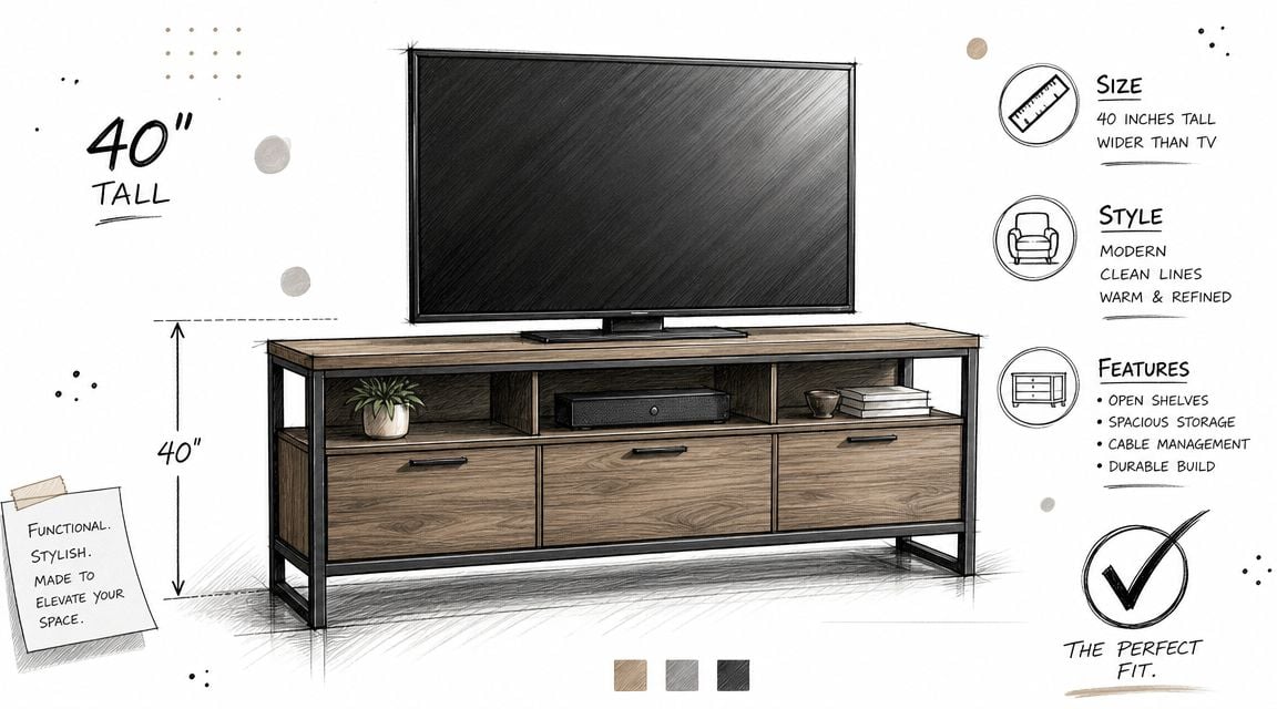 A sketched illustration of a modern 40 inch tall wooden TV stand with storage compartments and metal frame.