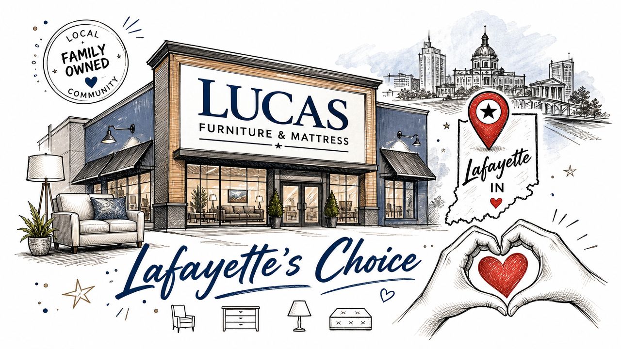 A hand-drawn illustration of Lucas Furniture and Mattress store, highlighting their commitment to the Lafayette, Indiana community.