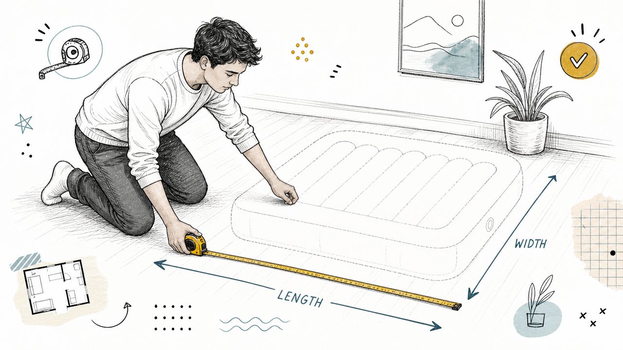 A young man kneeling on a wooden floor, using a tape measure to determine air mattress dimensions.
