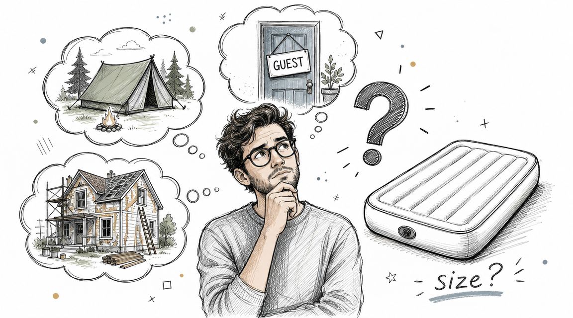 A man contemplating air mattress sizes for camping, house renovations, and guest room sleeping arrangements.