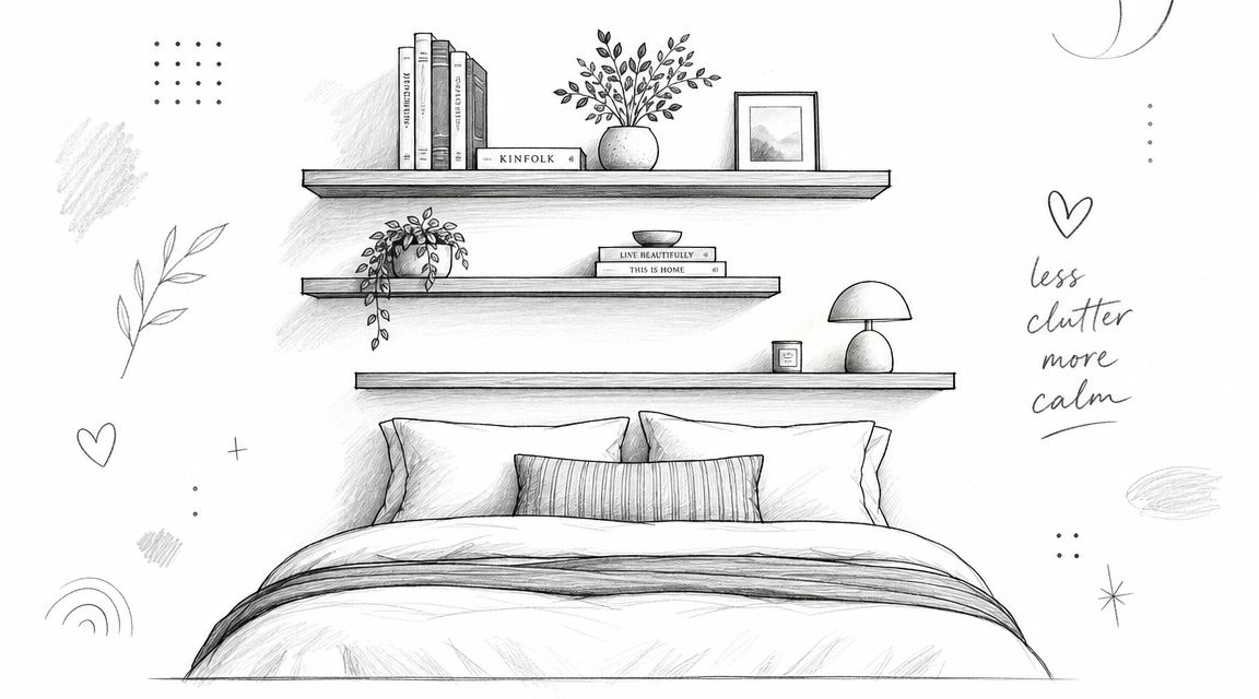 A pencil sketch of a minimalist bedroom featuring floating shelves above a neatly made bed.