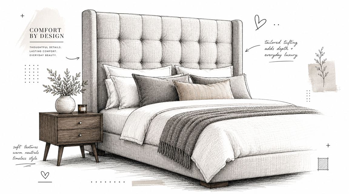 A detailed pencil sketch of a modern upholstered bedroom featuring a tufted headboard and wooden nightstand.
