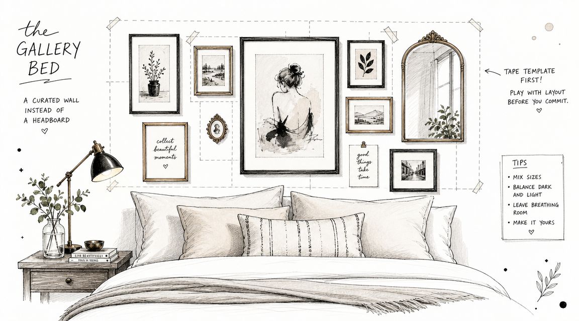 A sketched illustration of a bedroom wall featuring a curated gallery of framed art above the bed.