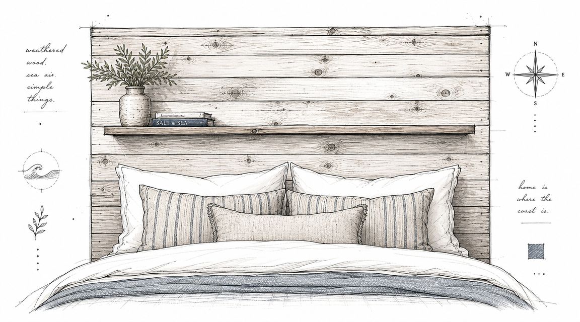 A pencil sketch of a rustic wooden headboard featuring a shelf with a vase and books.