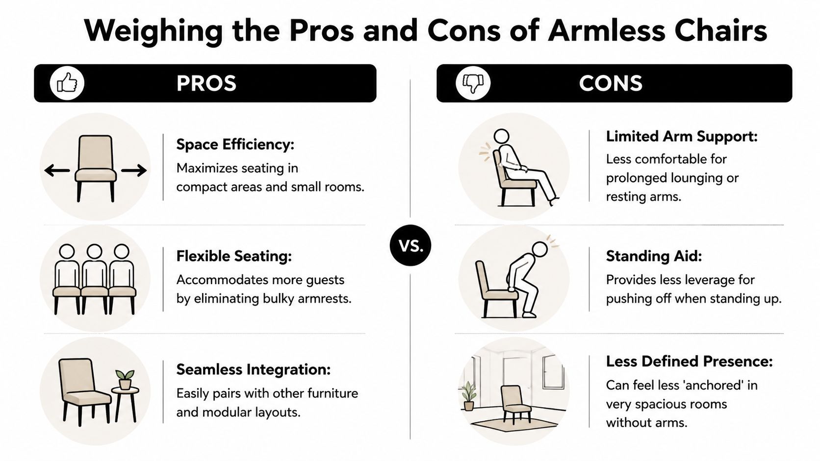 A comparison chart outlining the pros and cons of using armless chairs in home interior design.