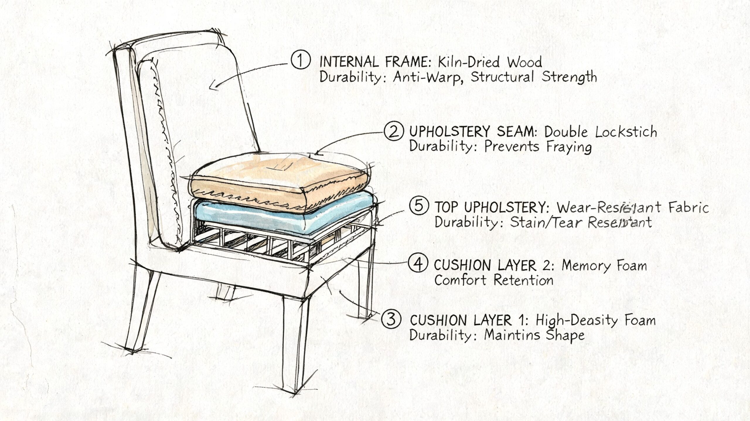 A hand-drawn sketch of a chair construction labeled with numbered layers showing materials and features.