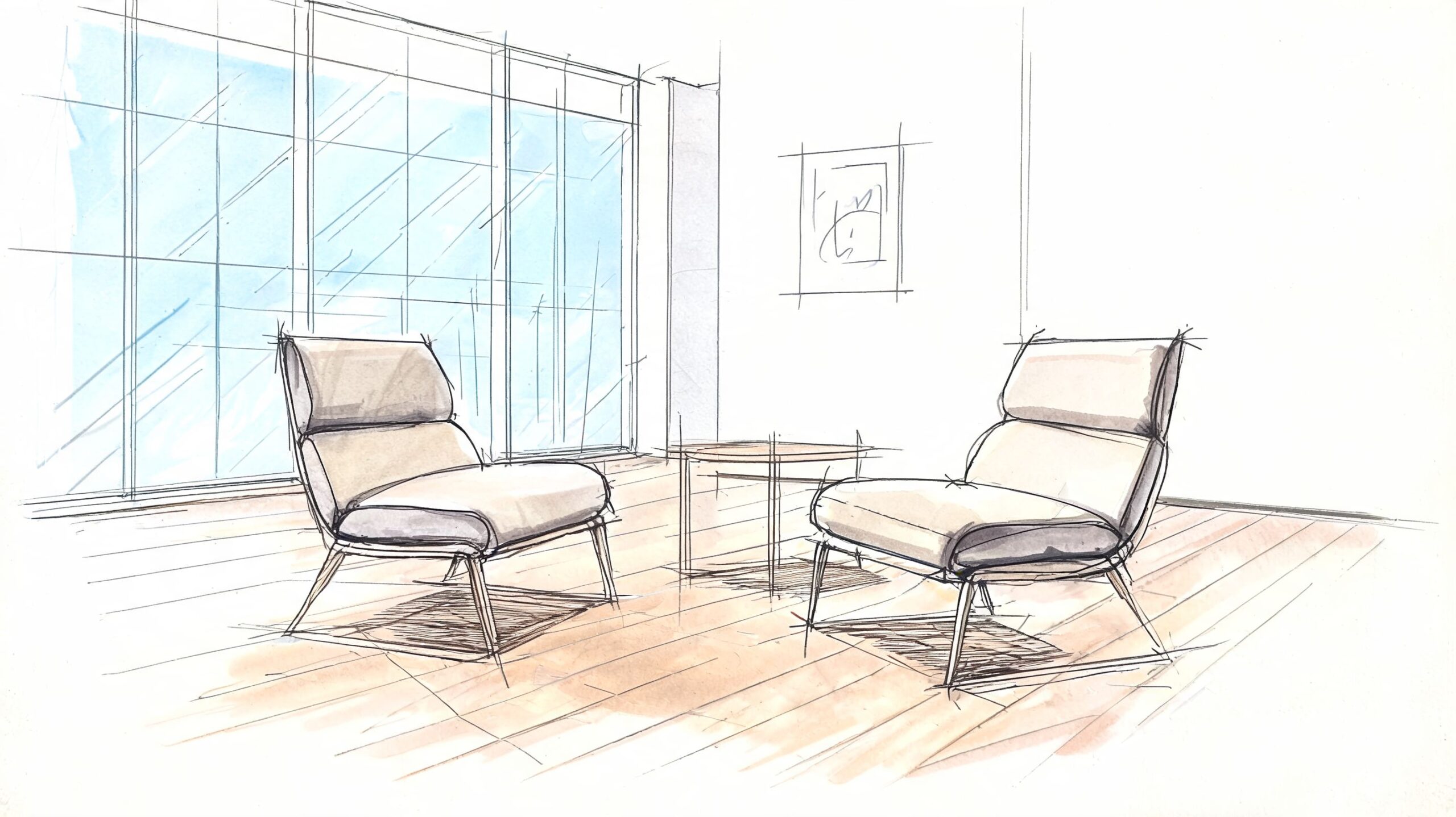 A hand-drawn architectural sketch featuring two modern armless chairs and a small table in a bright room.