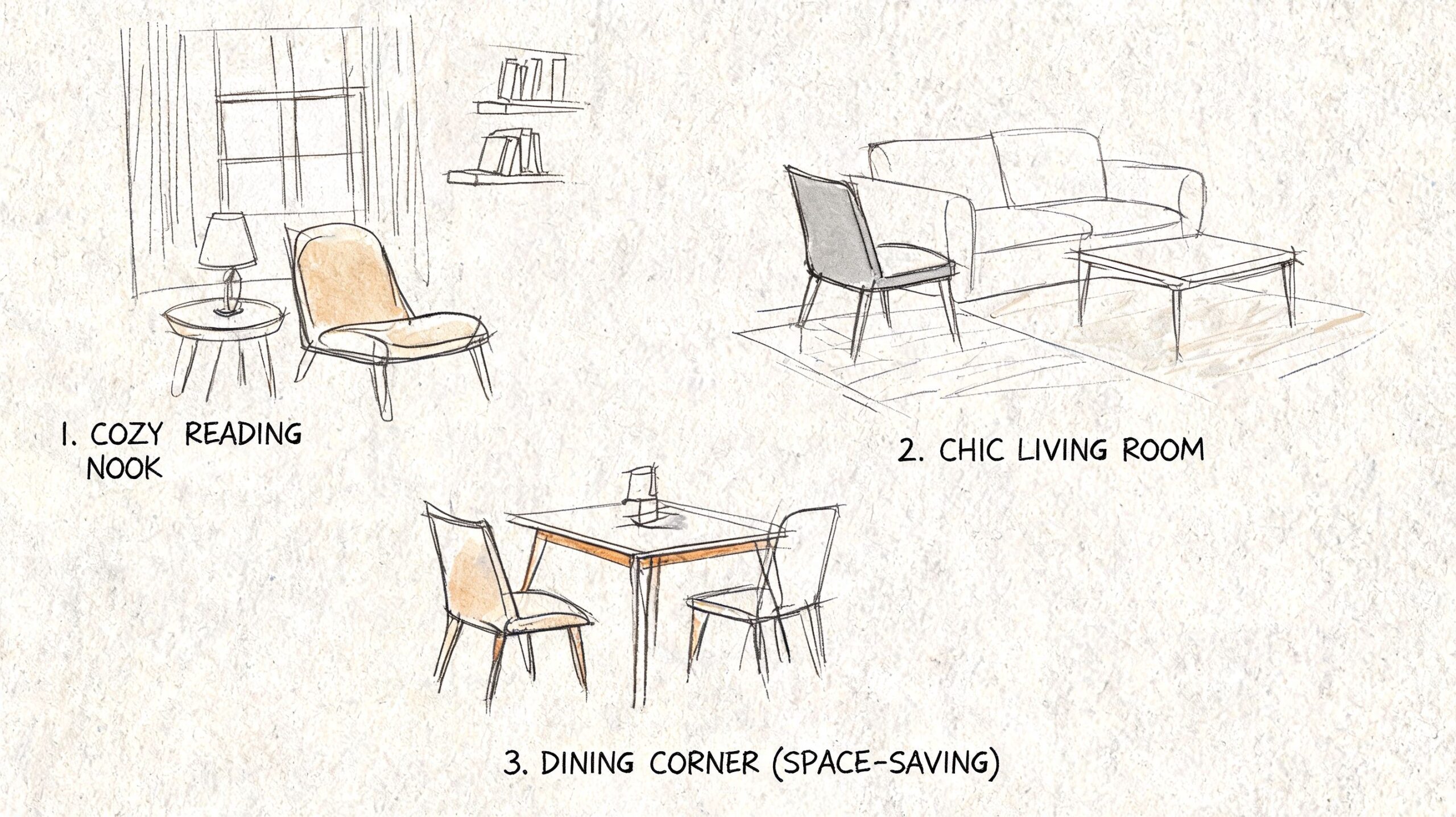 A hand-drawn sketch showcasing interior design ideas for a cozy reading nook, chic living room, and dining corner.