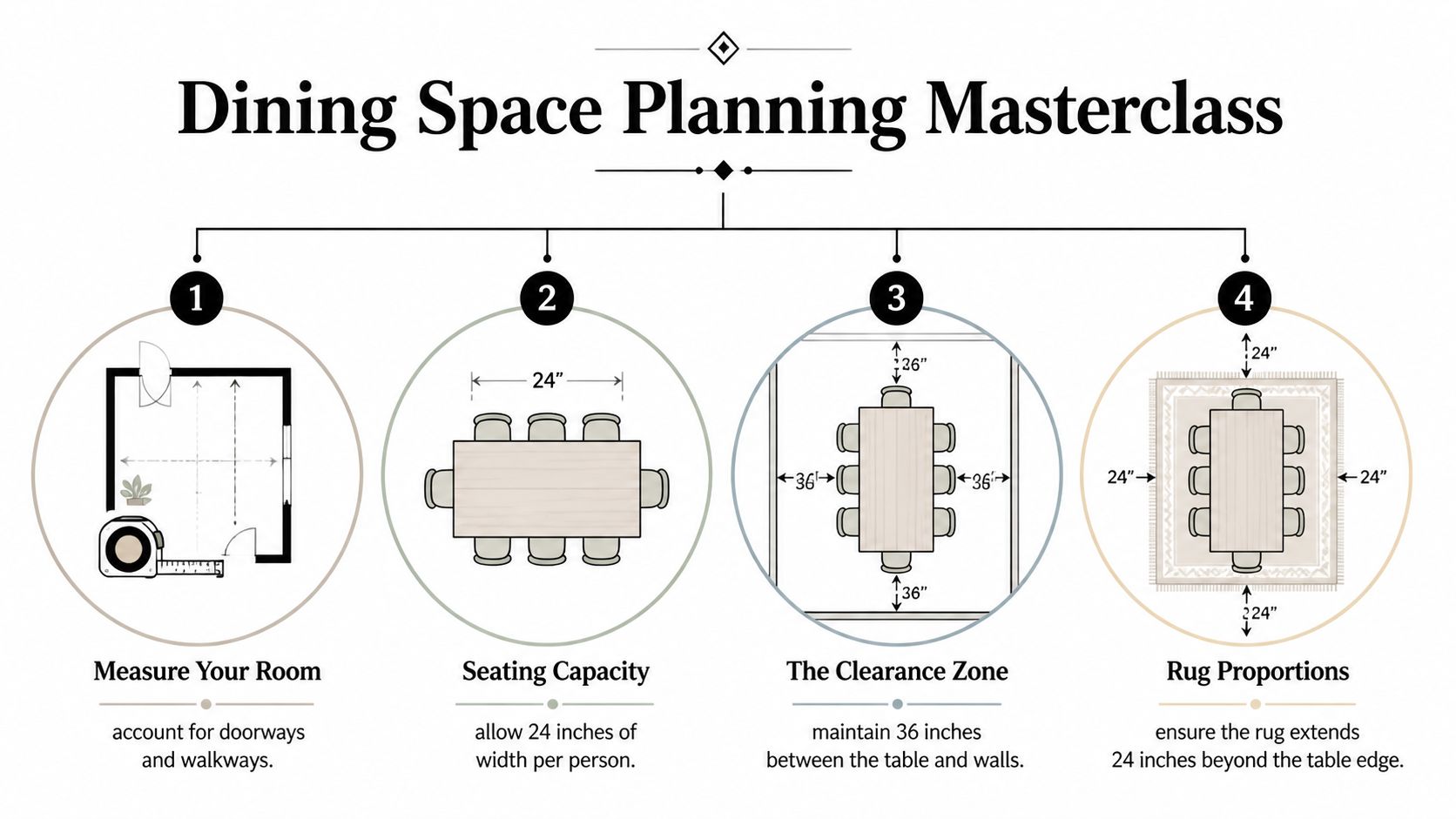 An infographic titled Dining Space Planning Masterclass detailing steps for measuring rooms, seating, clearance, and rug sizing.