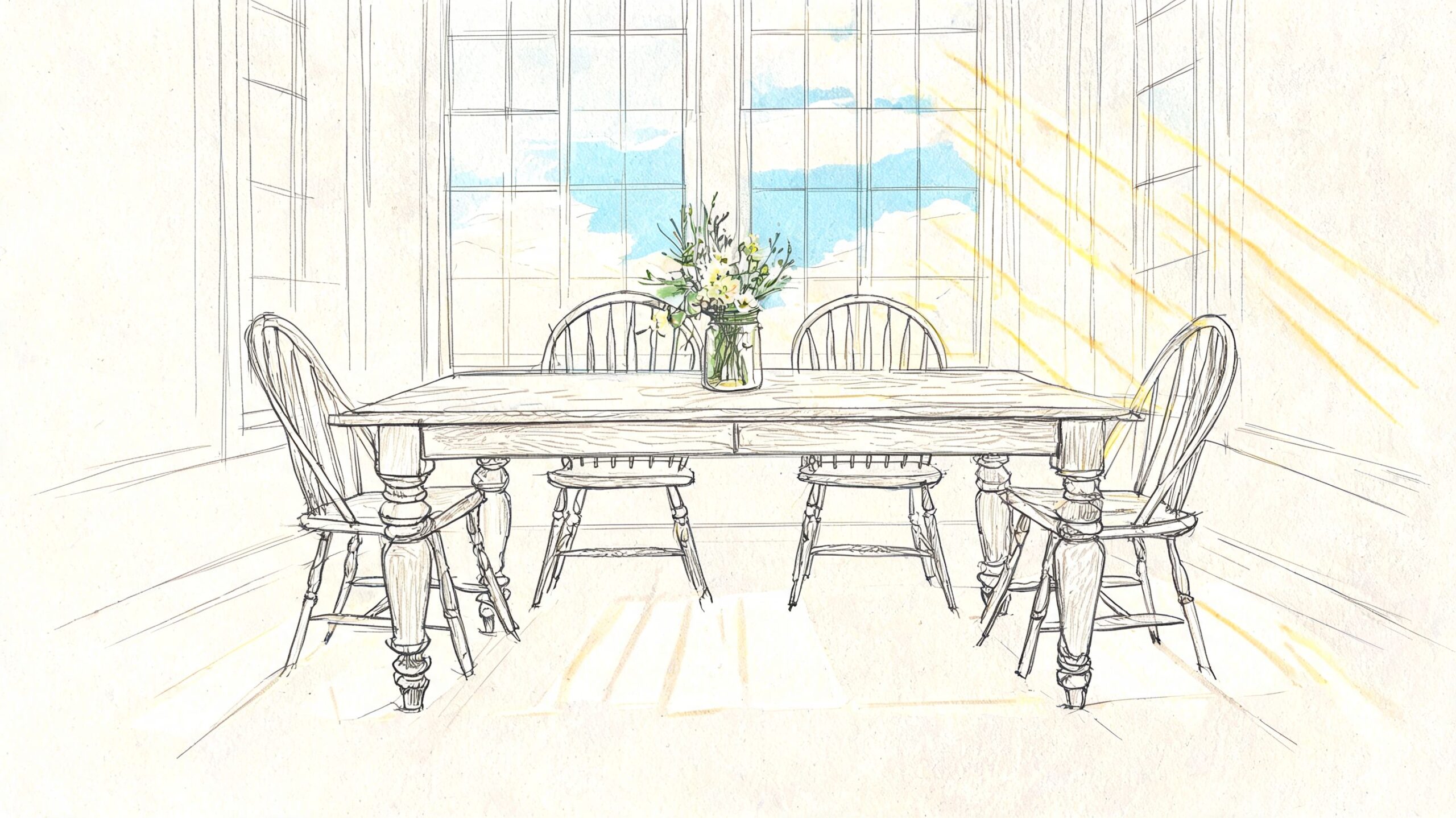 A pencil sketch of a wooden dining table set with chairs in a sunlit room.