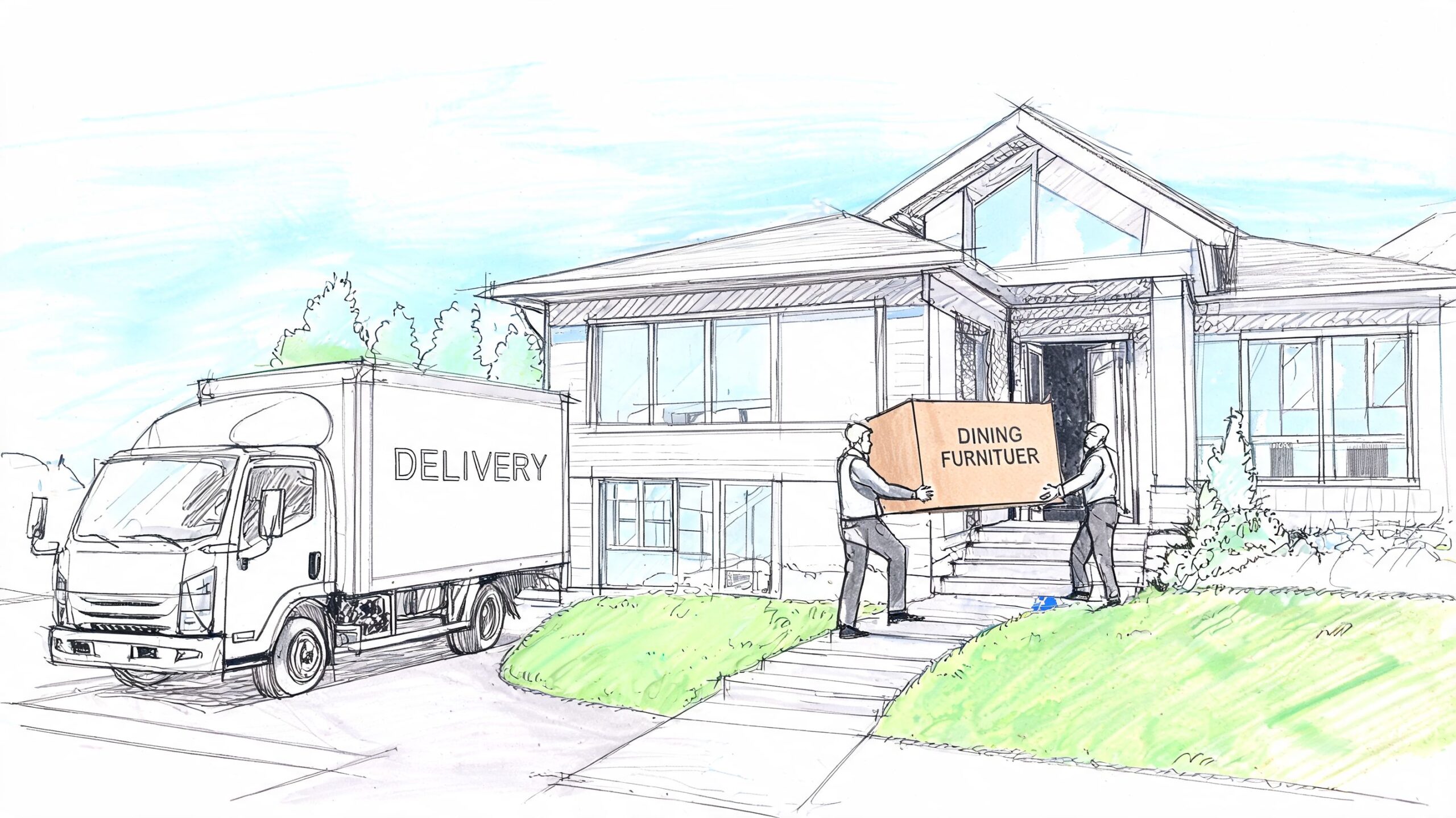 Two delivery workers carry a large box labeled dining furniture towards the entrance of a house.