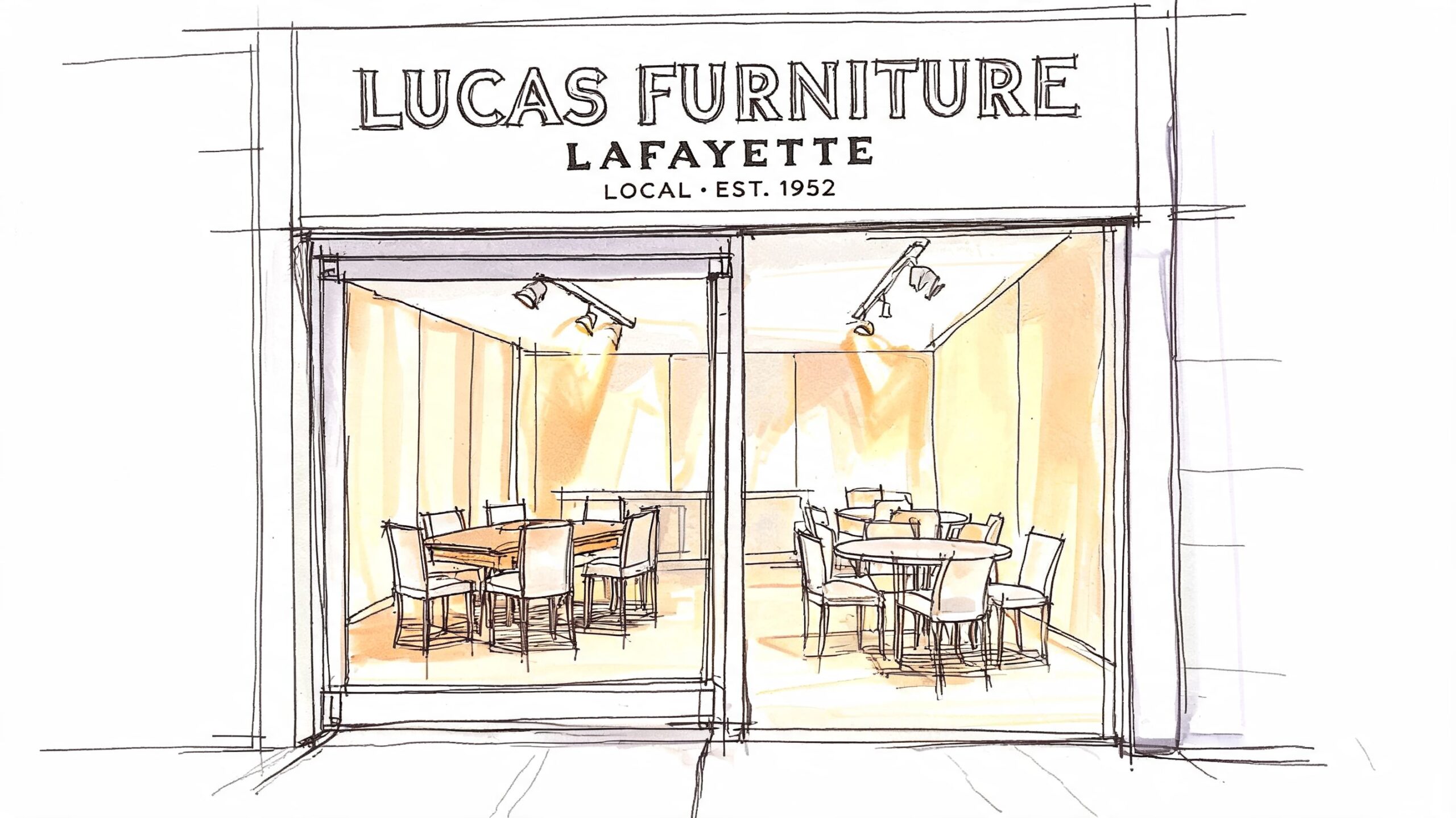 A hand-drawn illustration of the storefront for Lucas Furniture in Lafayette featuring dining room sets inside.