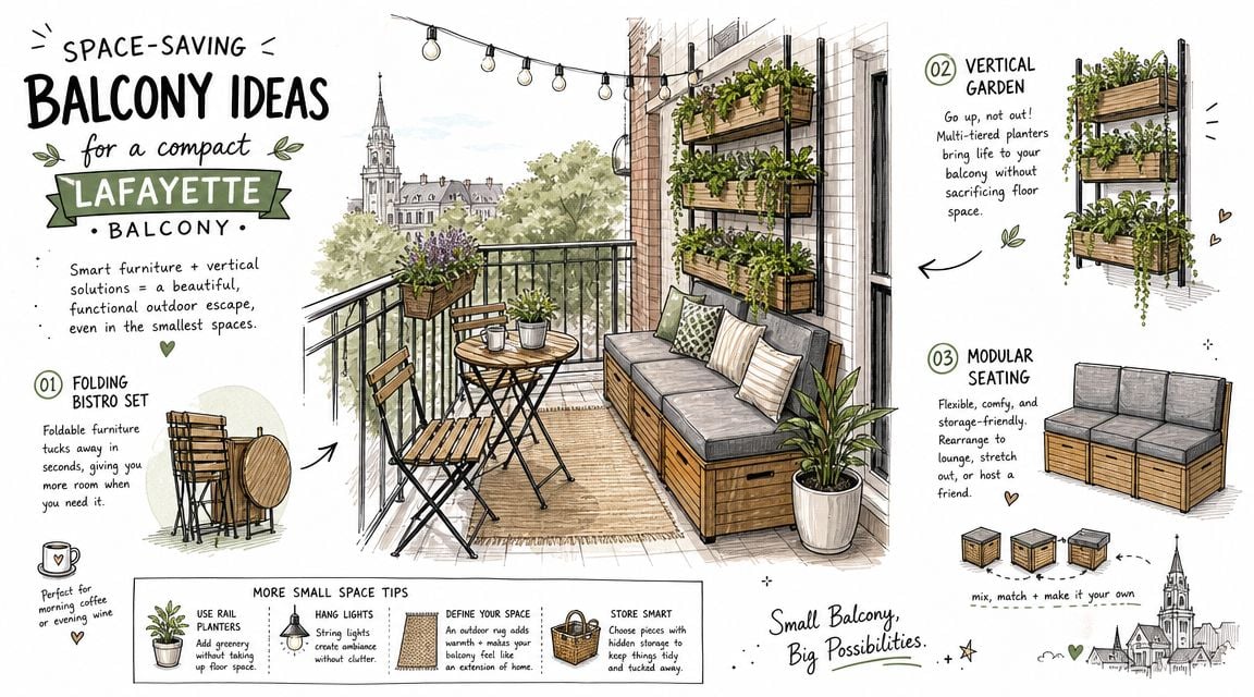 A digital illustration showing space-saving furniture and decorating tips for a small balcony in Lafayette.