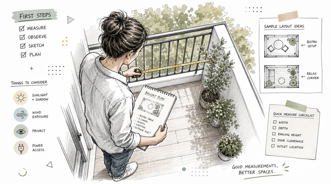 A woman measuring a balcony while looking at a planning checklist for setting up outdoor furniture.