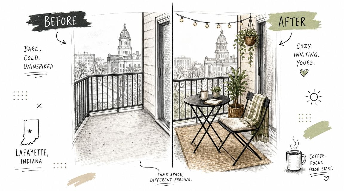 A split-view illustration comparing a bare, cold apartment balcony before and after adding cozy outdoor furniture.